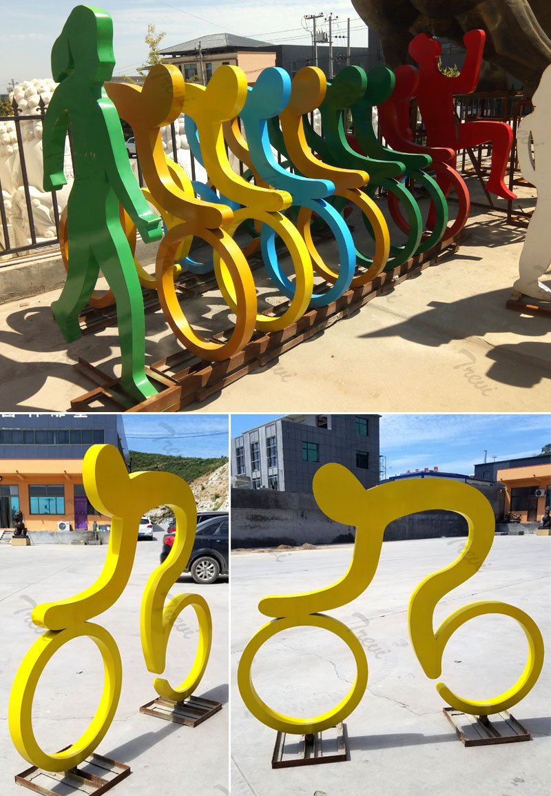Large metal yard abstract man ride bicycle sculptures contemporary art factory supply