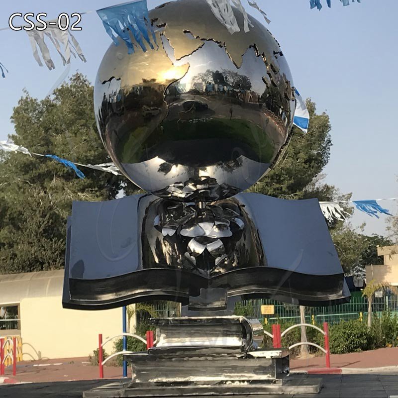 Modern high Polished Stainless Steel Globe with Books Sculpture Garden Ornaments for Sale CSS-02